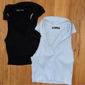 Zara Ribbed V-Neck Sleeveless Crop Tops - Black & Light Blue